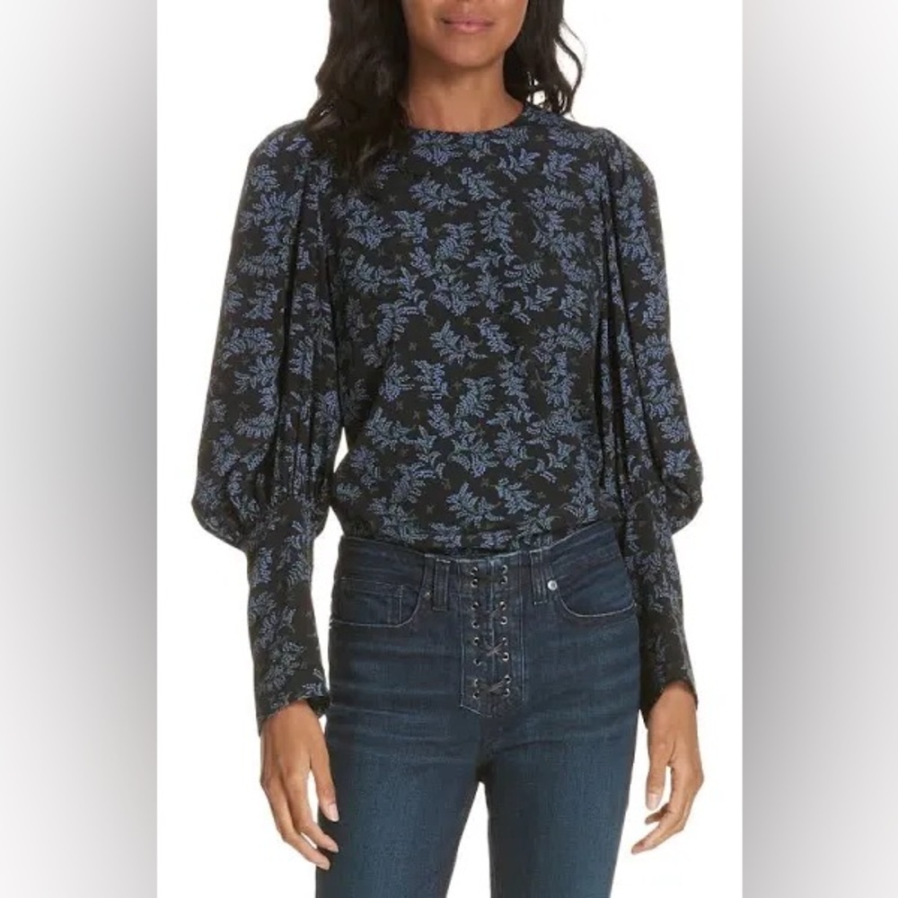 Veronica Beard Clarke Top Silk Floral Button Back Puff Sleeve Black/Blue Size 0